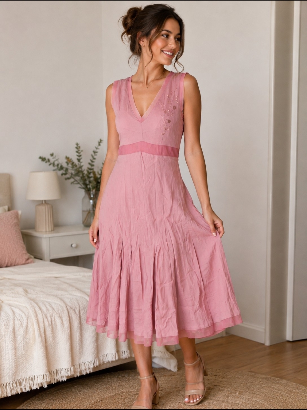 V-Neck Sleeveless Midi Dress in Dusty Rose
